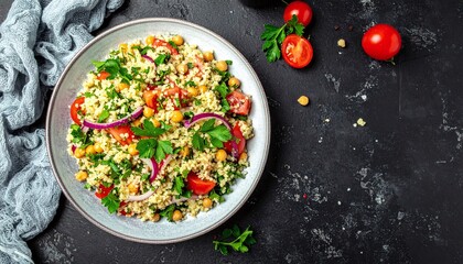 Fresh colorful couscous salad with chickpeas, tomatoes, red onion, and parsley, served in a bowl on a dark textured background with garnish