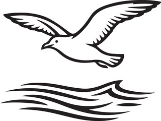Seagull Flying Over Waves Outline Illustration Seabird Icon Vector