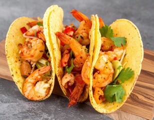 Three shrimp tacos with crispy corn tortillas, spicy grilled shrimp, fresh cilantro, and avocado on a wooden board with a gray background