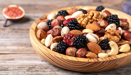 Assorted healthy mix of nuts and berries in wooden bowl on rustic wooden table