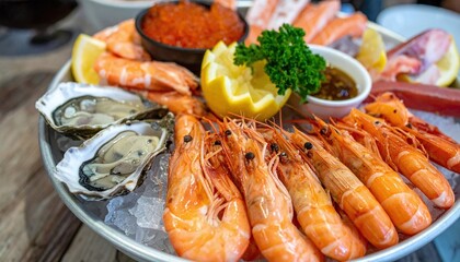 Fresh seafood platter with succulent prawns, raw oysters, salmon sashimi, and lemon wedges, served on crushed ice at a restaurant