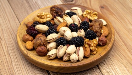 Mixed nuts and fresh blackberries in a rustic wooden bowl on a light wooden table