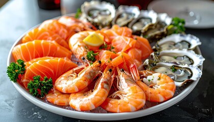 Fresh seafood platter with raw salmon sashimi, shrimp, and oysters served on ice with parsley and lemon on a dark table