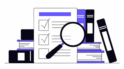 A magnifying glass focusing on a document with a business plan amidst stacks of resources symbolizing the importance of planning and research in economic development initiatives.