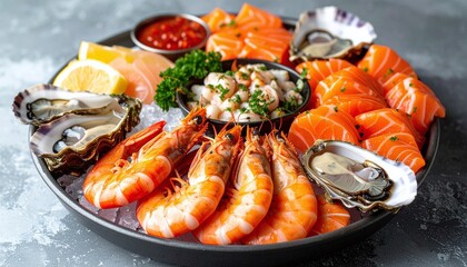 Fresh seafood platter with raw salmon slices, cooked shrimp, and oysters on ice, garnished with lemon and parsley, on a grey concrete background