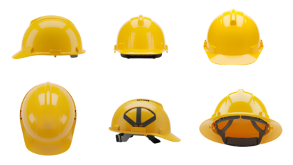 workers’ helmets shown from multiple angles, featuring construction, safety, and industrial hard hats, isolated on white background for workplace safety and industrial concept