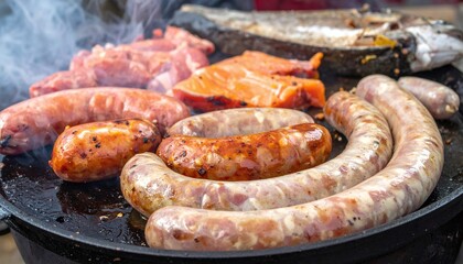 Pork sausages, salmon fillets, and other meats sizzling on a hot griddle with smoke