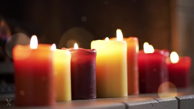 A row of colorful burning pillar candles on a mantelpiece creating a warm, cozy, and intimate atmosphere.