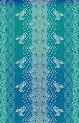 Symmetrical Ornamental Textile with Paisley and Swirling Motifs on Green Blue Gradient Background