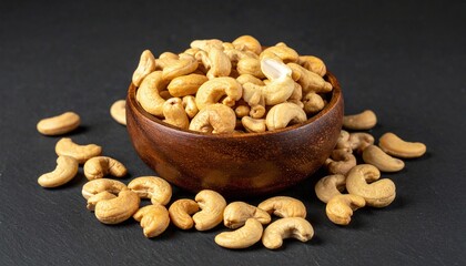 Roasted cashew nuts, golden brown, in a wooden bowl with some scattered on a dark slate background