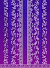 Ornamental Vertical Textile Pattern with White Floral Motifs on Gradient Blue Magenta Background