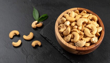 Roasted golden brown cashew nuts in wooden bowl on dark slate background with green leaves