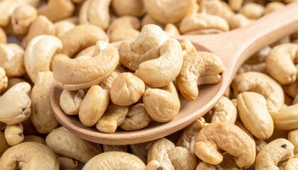 Light brown roasted cashew nuts in a wooden spoon, close-up on a pile of cashews