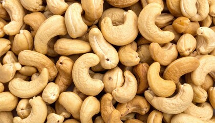Peeled raw cashew nuts, whole and light brown, filling the frame in a close-up background