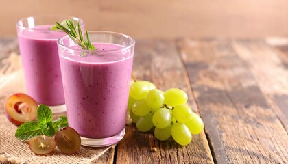 Purple fruit smoothie glasses garnished with mint and rosemary on a rustic wooden table with fresh grapes and plum