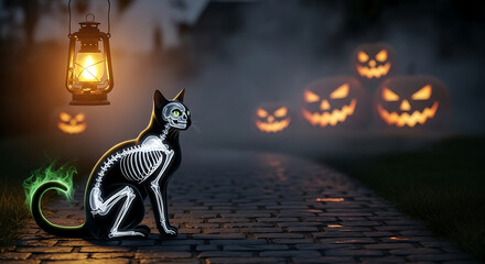 Black Skeleton Cat VS Orange Halloween Pumpkins. Black cat with skeleton design sitting by lantern on Halloween night  