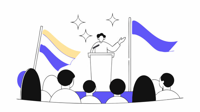 An organizer stands at a microphone rallying the crowd with enthusiasm before the charity walk begins with a sea of colorful banners fluttering in the gentle breeze.