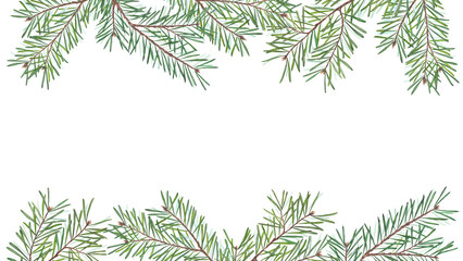 Watercolor frame with fir branches on white background. Hand-painted natural illustration ideal for Christmas cards, winter invitations, seasonal borders, or holiday decoration projects.