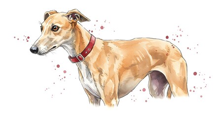 Elegant watercolor Greyhound portrait with red collar, capturing the breed's grace and gentle nature, perfect for pet lovers and animal art collections