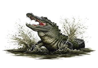 Obraz premium Powerful alligator emerging from murky water, teeth bared in a stunning display of wildlife strength and ferocity perfect for nature documentaries
