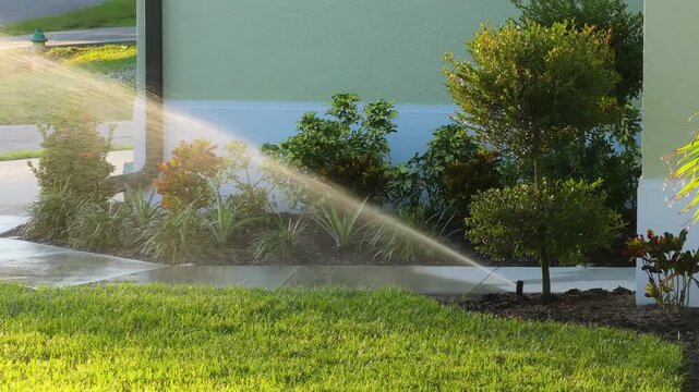 Sprinkler watering lawn grass during dry season.