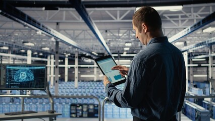 Server room IT expert swiping on tablet touchscreen to read data charts, monitoring equipment health. Admin reviews analysis metrics graphs on device to make sure data center meets goals, camera A