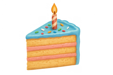 Birthday cake slice with a lit candle, blue frosting, and colorful sprinkles, celebrating a special occasion