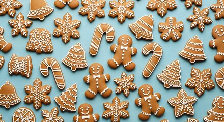 Overhead shot of a variety of decorated gingerbread cookies on a light blue surface.