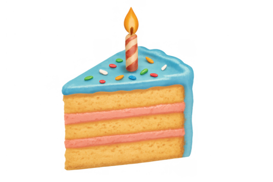 Birthday cake slice with a lit candle, blue frosting, and colorful sprinkles, celebrating a special occasion