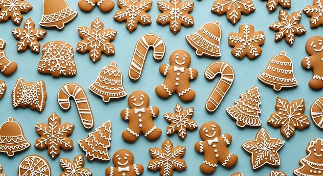 Overhead shot of a variety of decorated gingerbread cookies on a light blue surface.