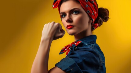 Strong powerful woman. Woman's day banner. We Can Do It. Cool picture of iconic woman s fist symbol of female power,