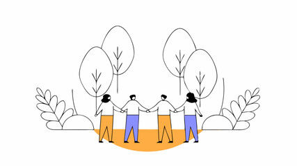 An illustration of a diverse team participating in a nature walk forming a supportive circle while discussing wellness with trees and nature highlighting the importance of