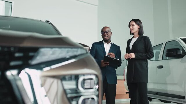 African American man in a suit discussing car features with a woman in a stylish outfit at a modern dealership, showcasing the car buying experience and customer service - Powered by Adobe