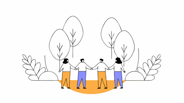 An illustration of a diverse team participating in a nature walk forming a supportive circle while discussing wellness with trees and nature highlighting the importance of