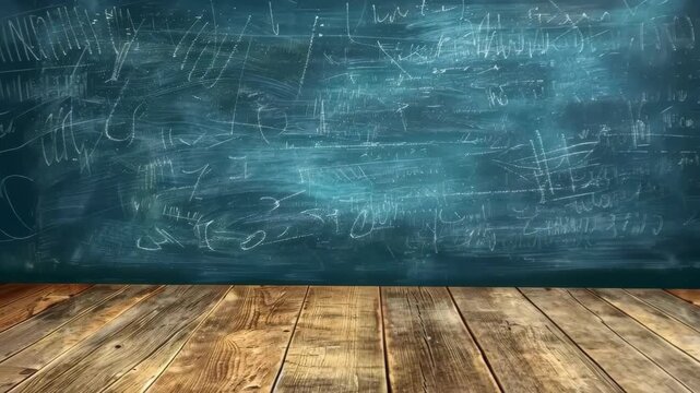 Equations on the Board:  A worn wooden desk contrasts a chalkboard covered in complex equations, perfect for academic or educational theme.