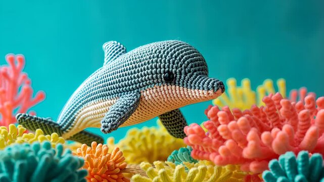 Playful Dolphin Crochet: A vibrant, handcrafted crochet dolphin gracefully swims amidst a colorful coral reef, celebrating aquatic life and creative artistry.