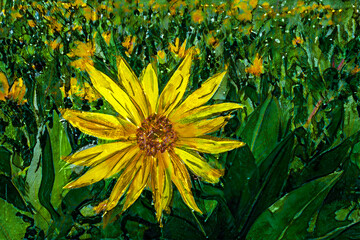 Oil painting of field of yellow wildflowers