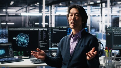 Smiling data center manager filming presentation, showcasing equipment using AI tech. Happy businessman presenting server room built for digital storage systems using artificial intelligence, camera A