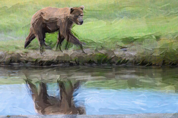 Oil painting of a brown bear with reflection in the river