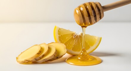 Honey dripping from wooden spoon onto sliced lemon and ginger  