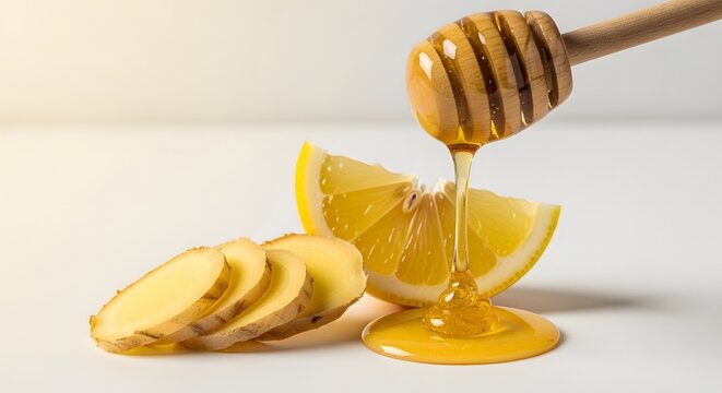 Honey dripping from wooden spoon onto sliced lemon and ginger  
