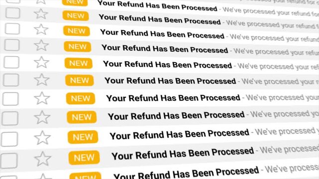 Your Refund Has Been Processed emails appear in a 4K animated digital inbox display. Perfect for successful financial transactions, e-commerce, and digital confirmations for business. 