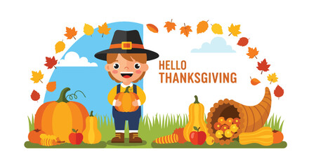 Adobe illustrator artwork vector illustration. Cute boy holding pumpkin with 