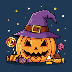 A festive cartoon Jack-o'-lantern wearing a purple witch's hat, surrounded by colorful Halloween candy and lollipops on a starry night background.