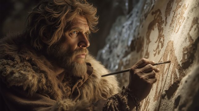 Ancient caveman artist creating prehistoric cave wall art with primitive tools