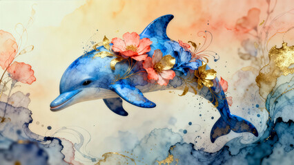 A graceful blue dolphin adorned with pink flowers and gold accents swims through a dreamy watercolor ocean of swirling waves and petals