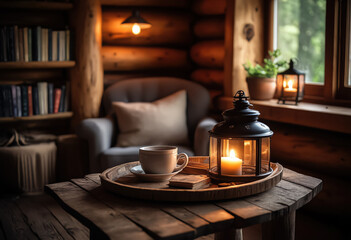 A serene cabin interior showcasing warm, inviting lighting, a cozy coffee setup, and stunning mountain views