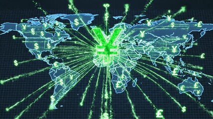 Global finance concept with yuan symbol overlayed on world map illustration with abstract glowing light - Powered by Adobe