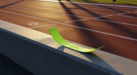 Exertion sheen on running blade resting on outdoor track, warm sun.