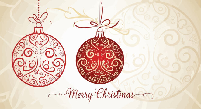 Elegant christmas card featuring two red ornate christmas ornaments and merry christmas text design